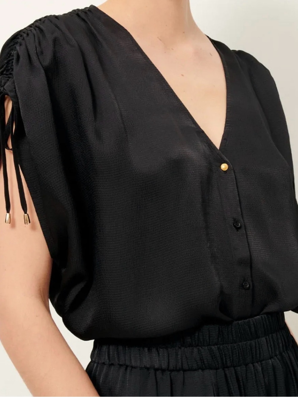 Astr Black V-Neck Short Sleeve Blouse with Tie-Shoulder Detail